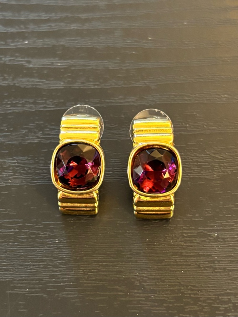 Vintage Givenchy Stamped Gold-Tone Earrings with Deep Purple Accents - Picture 3 of 9